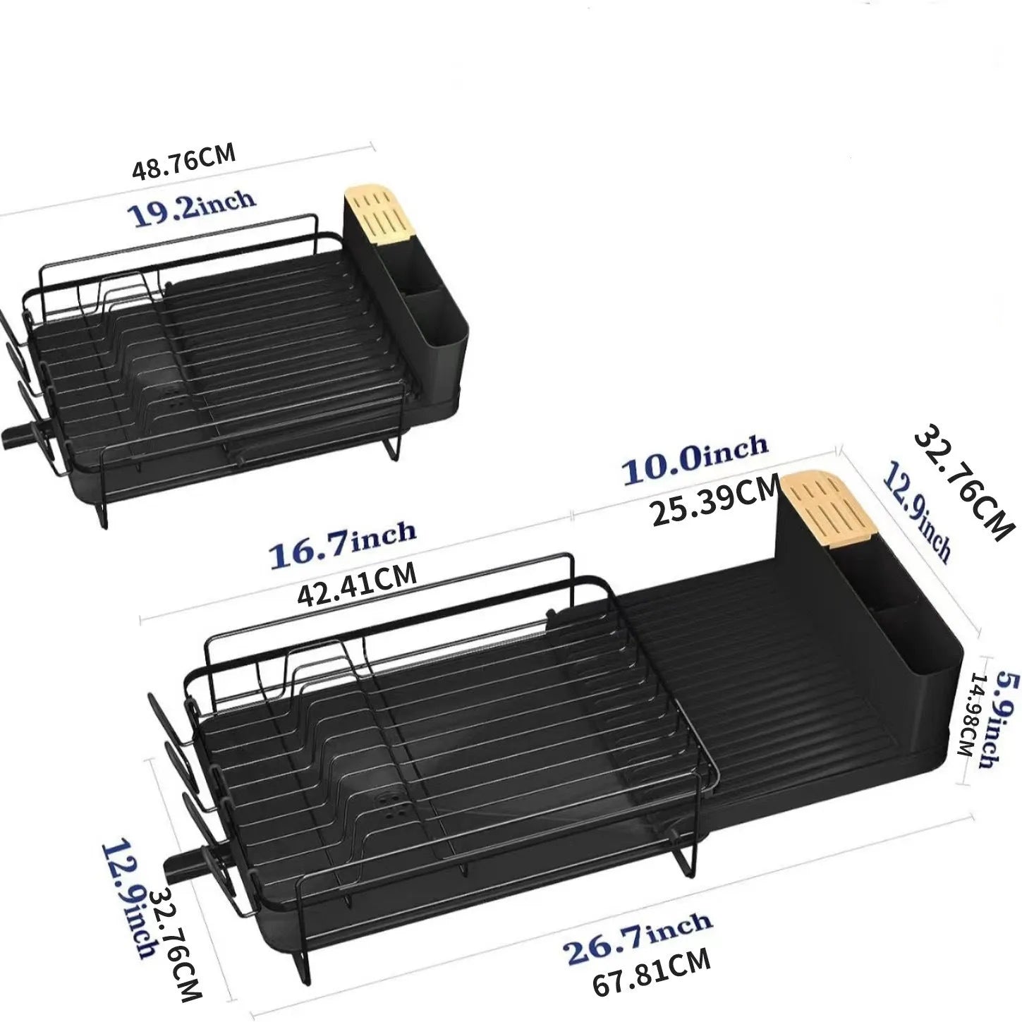 Retractable carbon steel kitchen dish drain rack for knives and forks on a countertop.