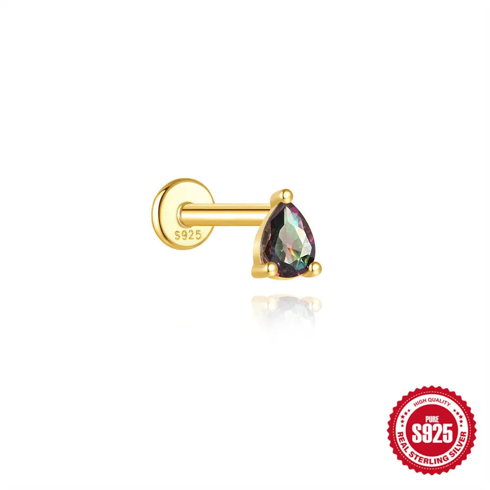 S925 sterling silver flat head thread piercing earring with rainbow stone on geometric setting.