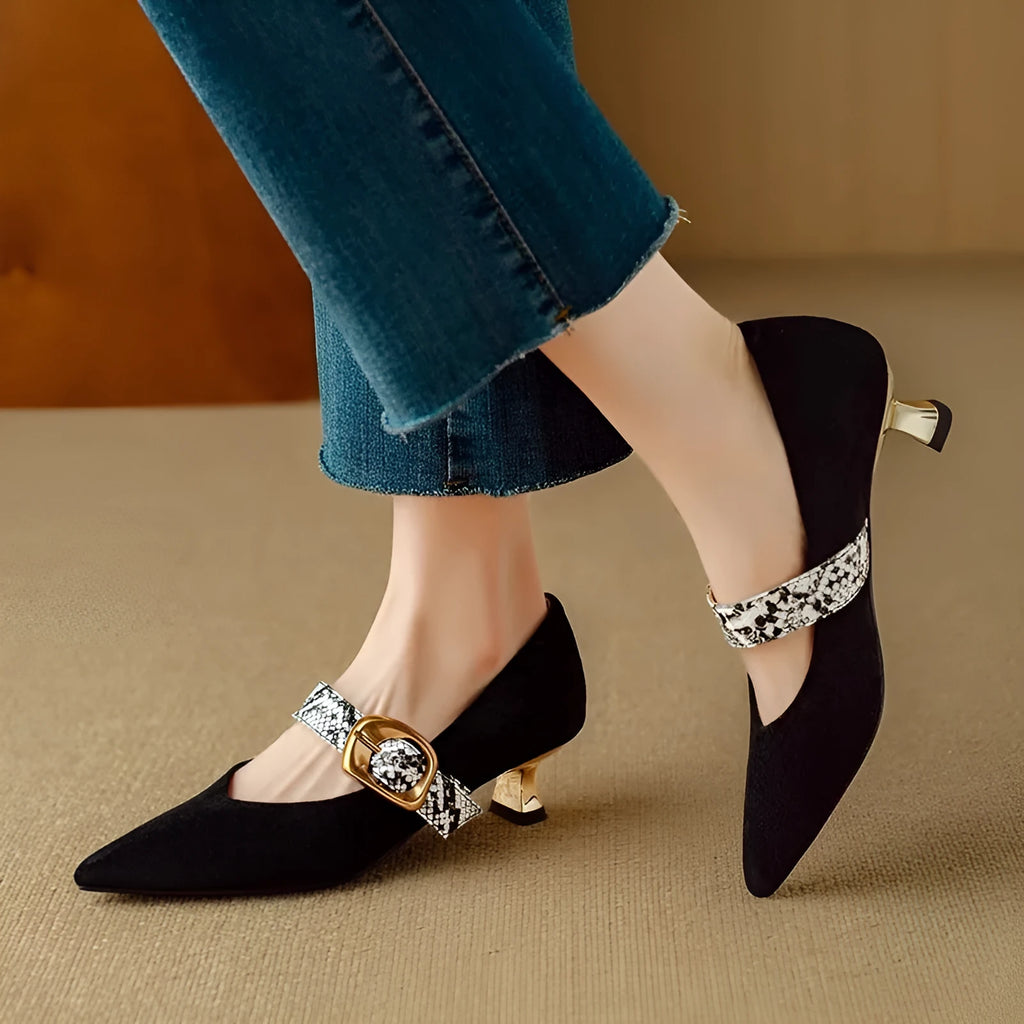 Women's black stiletto high heels with French pointed toe and buckle closure