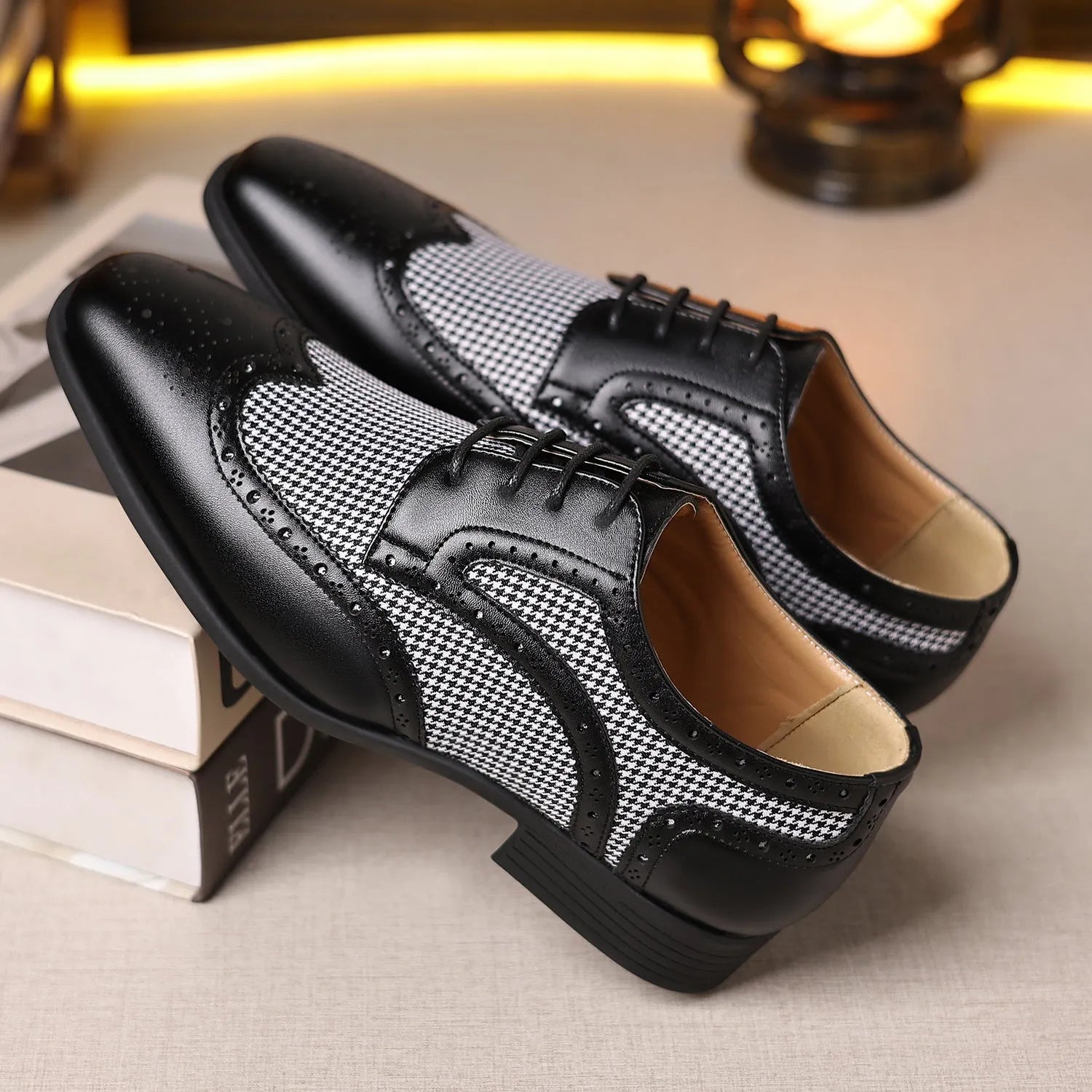 Men's houndstooth plaid casual shoes with square toe and lace-up design in black.