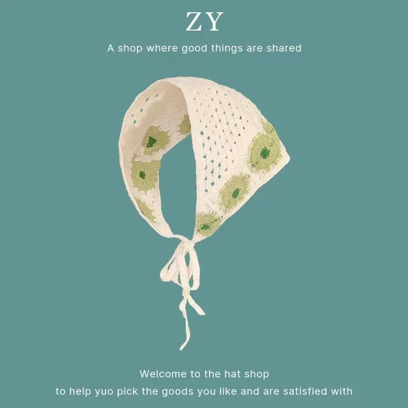 Women's cotton triangular headscarf with floral pattern, shown in beige blue little daisy design.