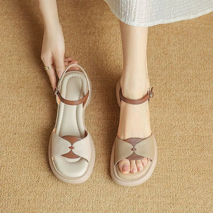 Women's chunky heel platform sandals with open toe in renewable leather