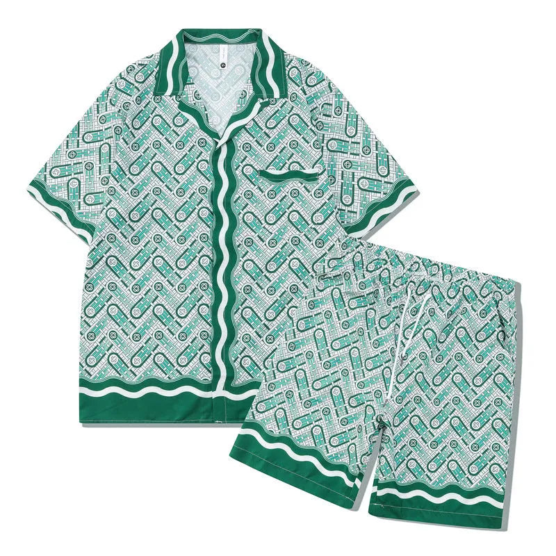 Printed plaid beach shirt and matching trousers set for casual wear.