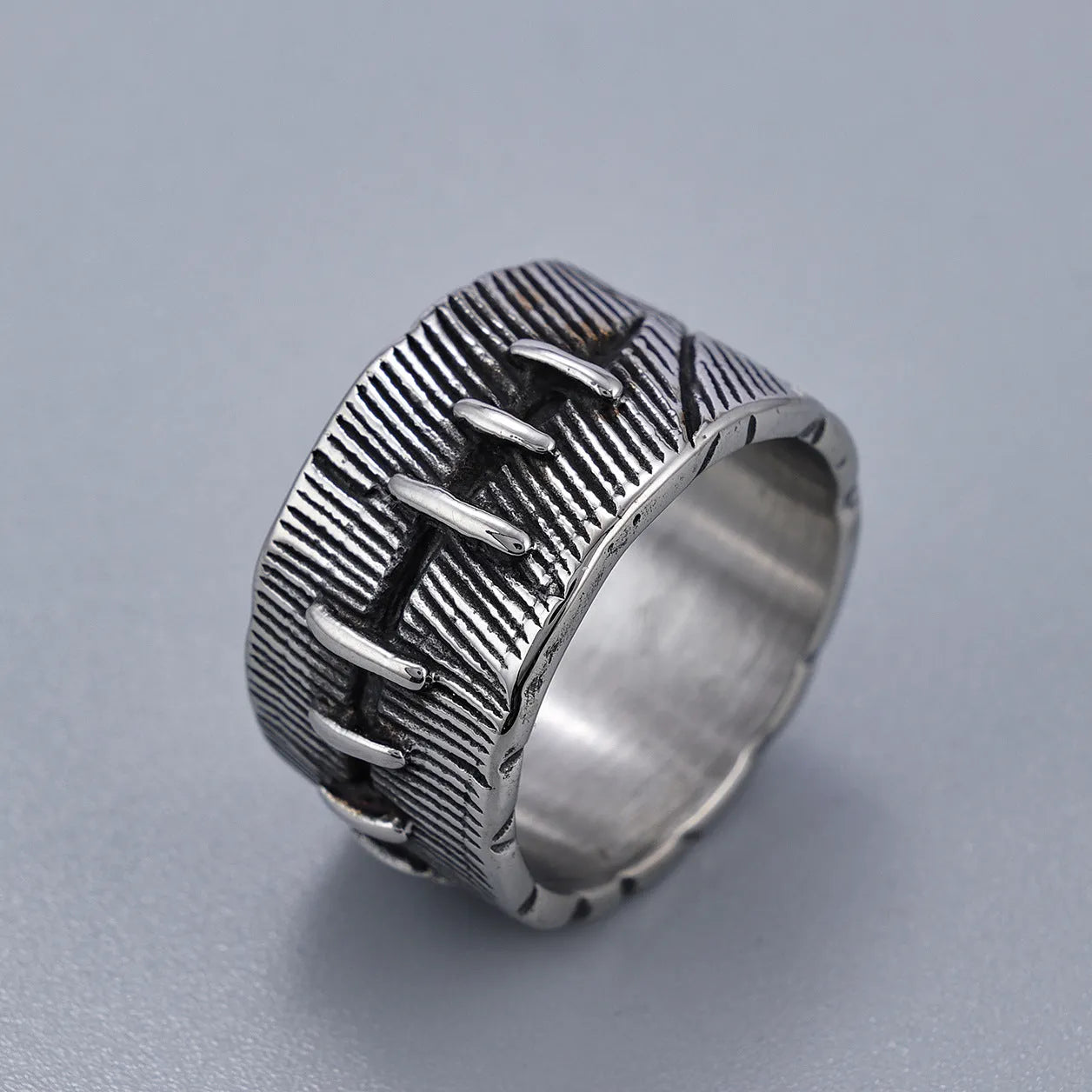 Dark punk titanium steel ring with geometric double ring design in retro colour