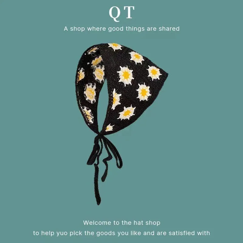 Women's cotton triangular headscarf with floral pattern, shown in beige blue little daisy design.