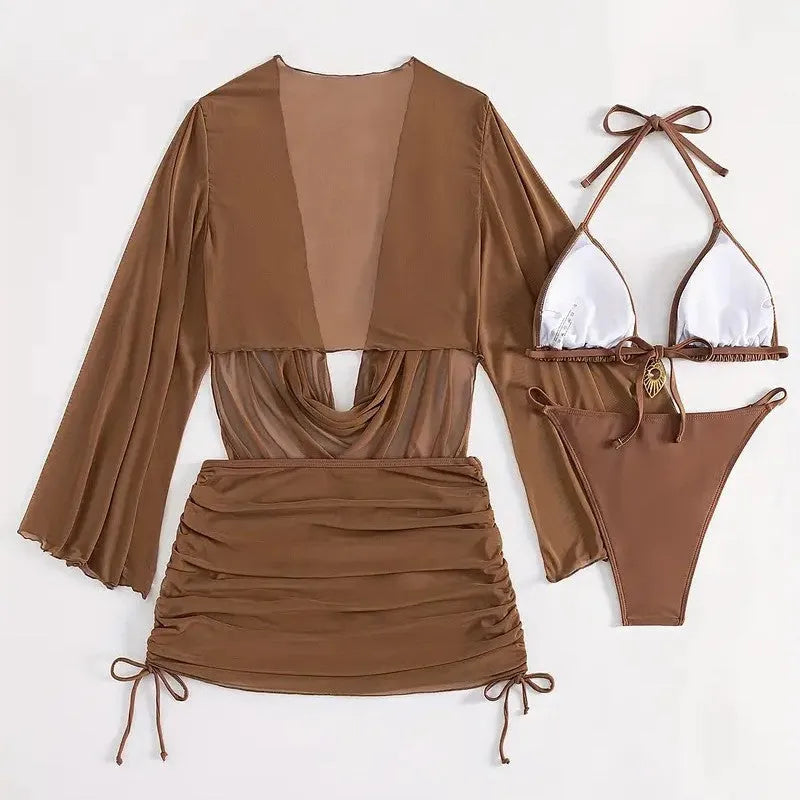 Dark brown lace-up backless women's bikini swimsuit set on a mannequin.