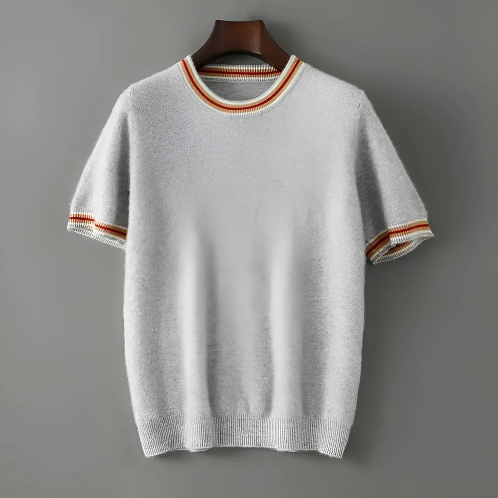 Men's grey short sleeve wool sweater with a round neck on a hanger.
