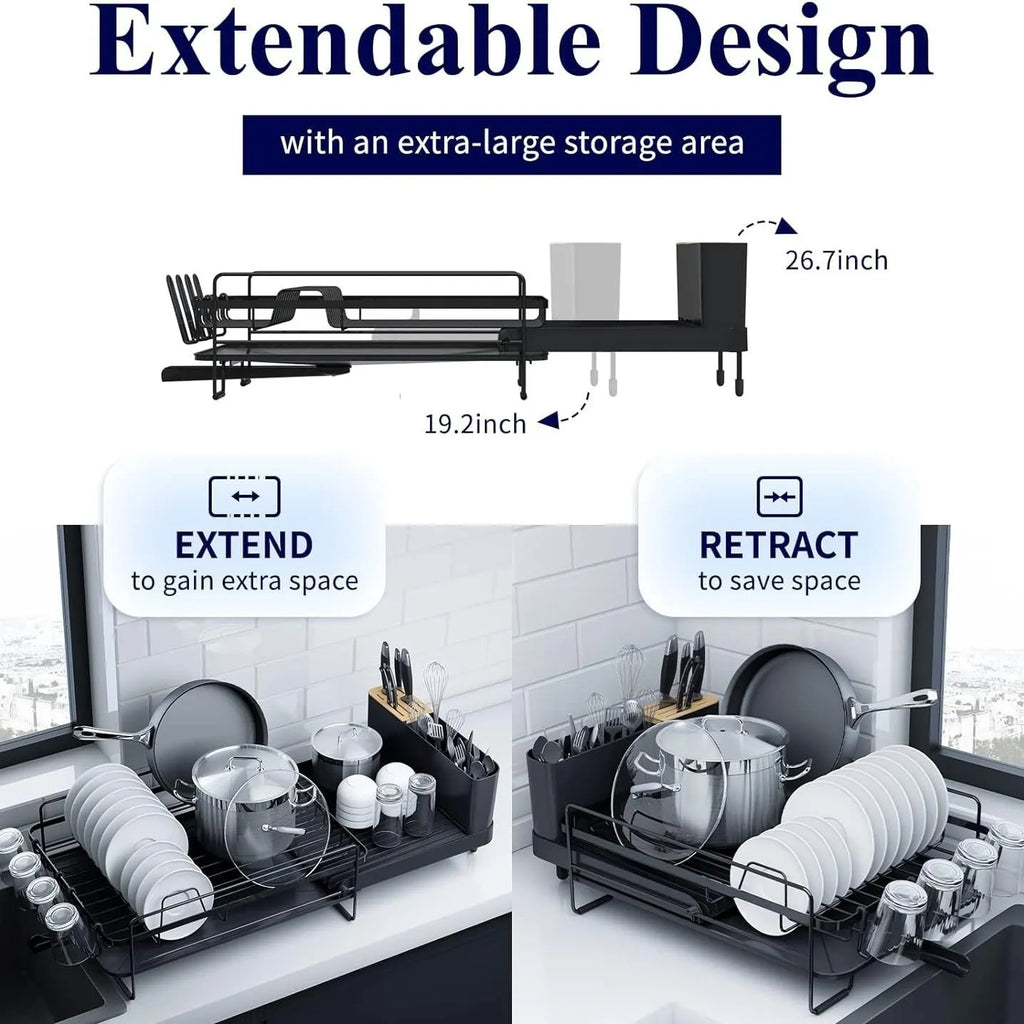 Retractable carbon steel kitchen dish drain rack for knives and forks on a countertop.