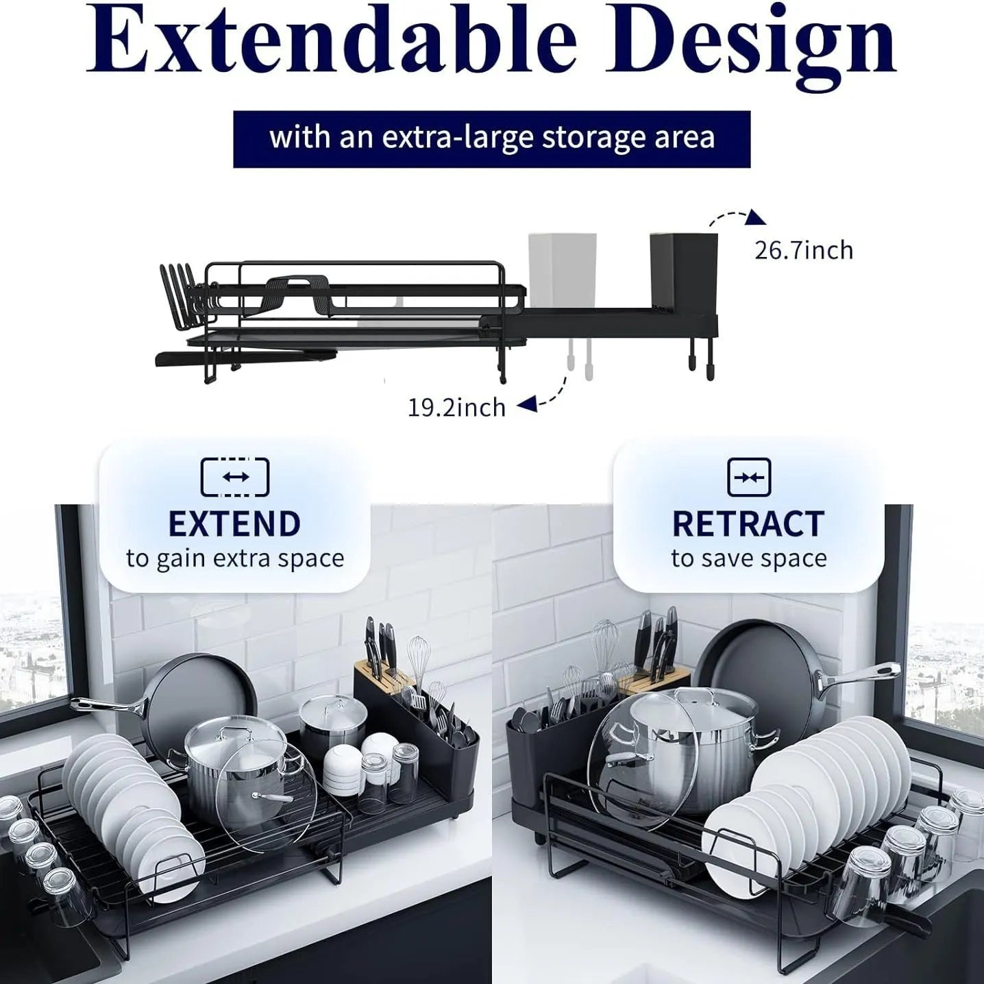Retractable carbon steel kitchen dish drain rack for knives and forks on a countertop.