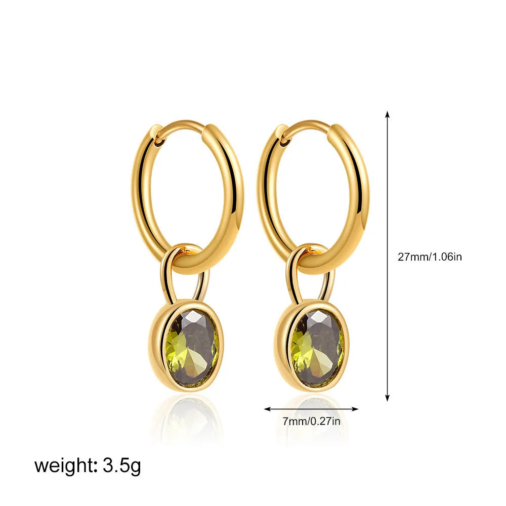Women's oval zircon earrings in six colours with copper alloy setting and retro styling