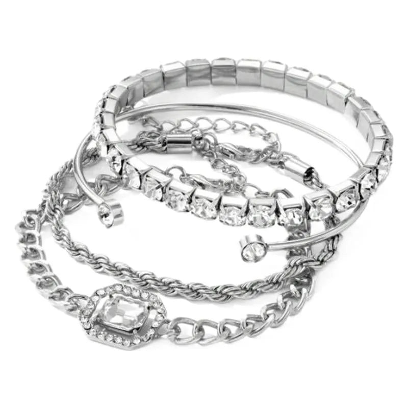 Women's geometric retro style alloy bracelet four-piece set with metal chain and square diamond elements