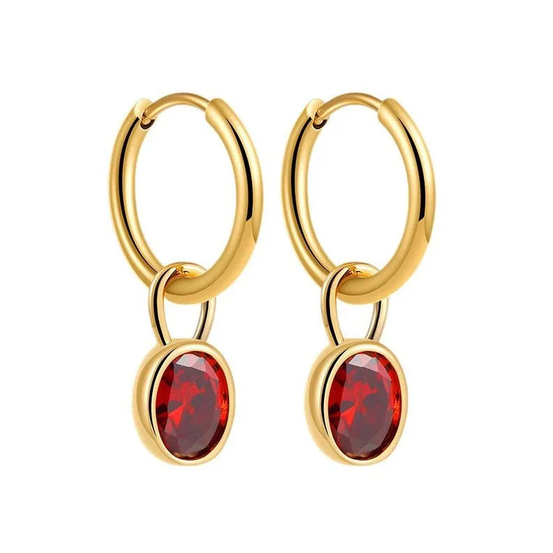 Women's oval zircon earrings in six colours with copper alloy setting and retro styling