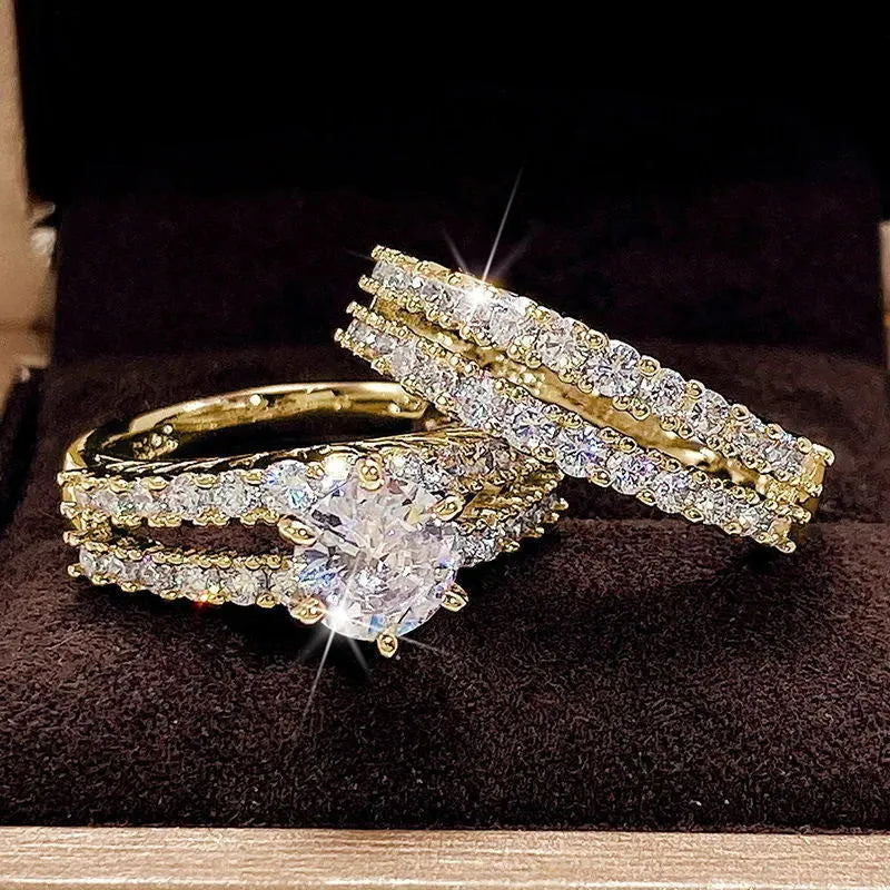 2 in 1 women's ring set showing fashion and fully jewelled geometric bands in silver, gold and rose gold colours