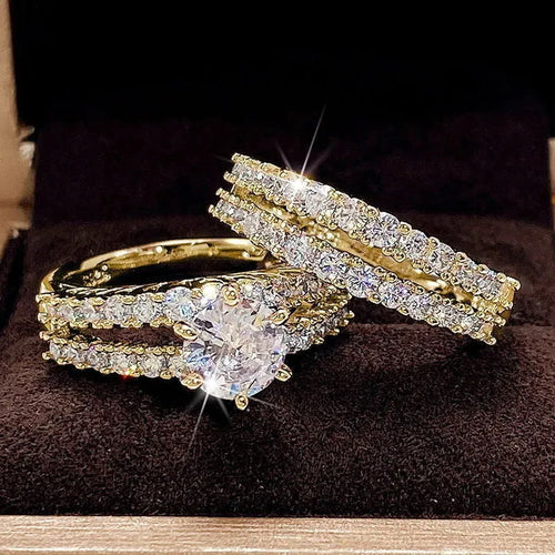 2 in 1 women's ring set showing fashion and fully jewelled geometric bands in silver, gold and rose gold colours