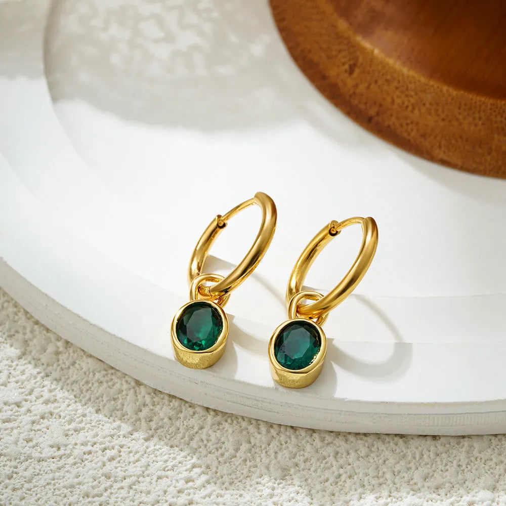 Women's oval zircon earrings in six colours with copper alloy setting and retro styling