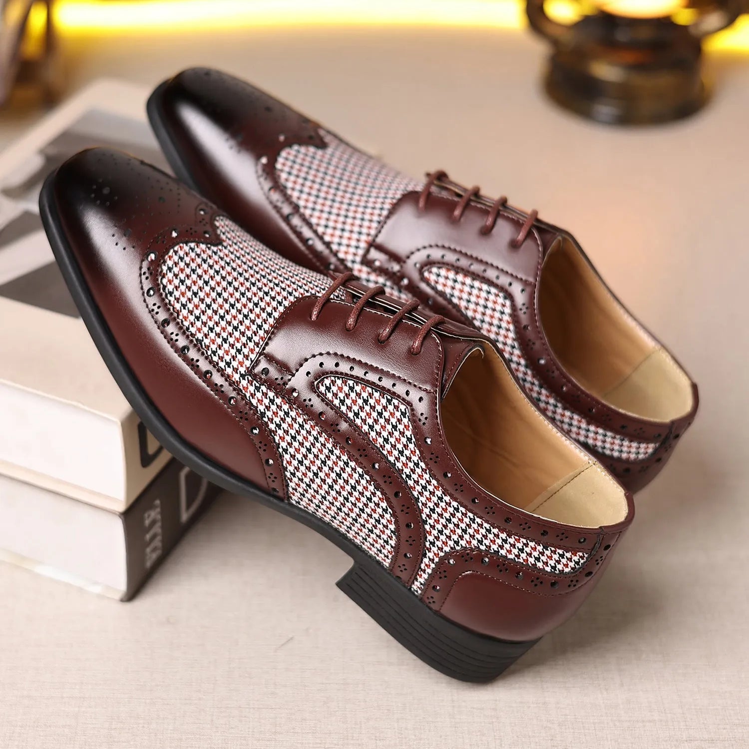 Men's houndstooth plaid casual shoes with square toe and lace-up design in black.