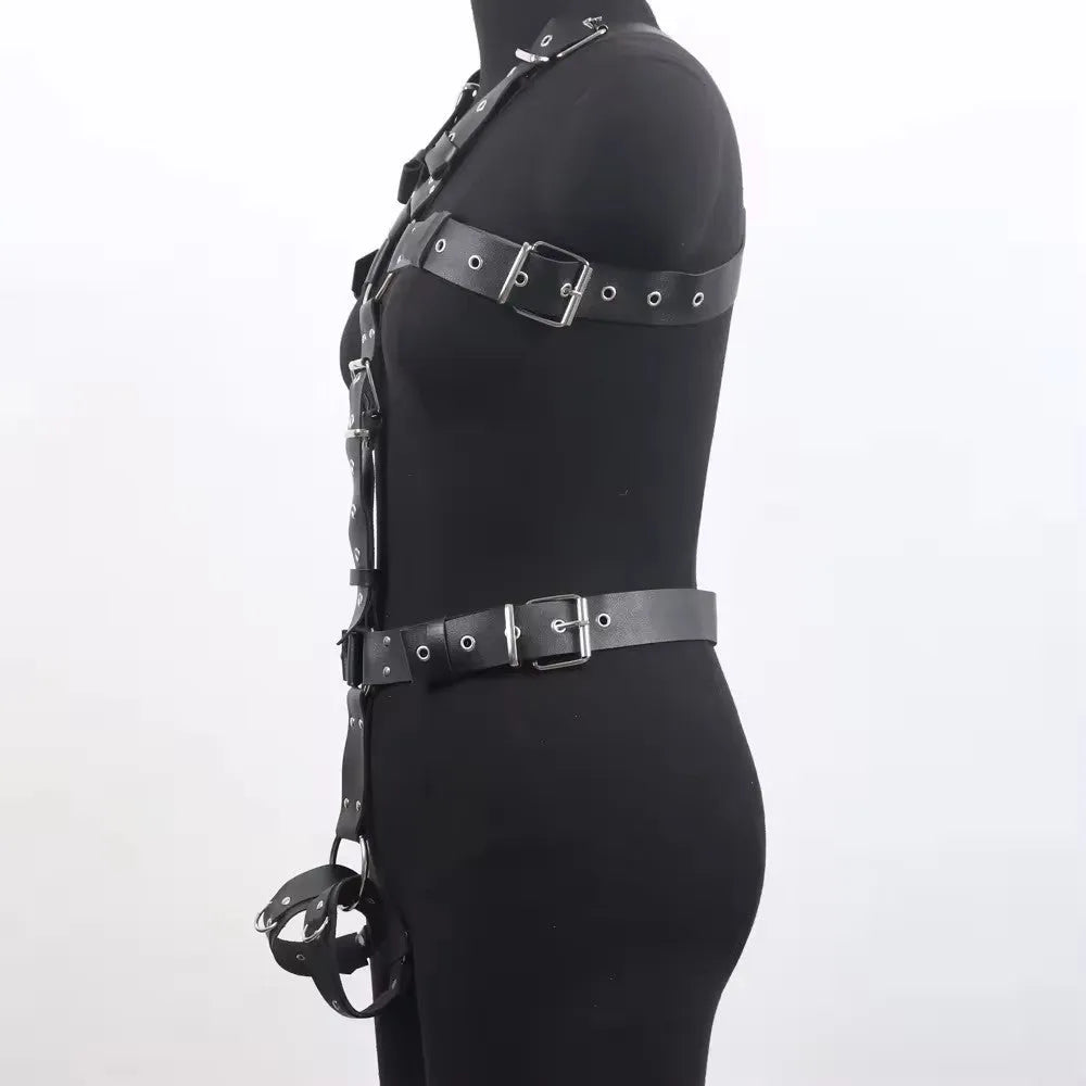Black imitation leather women's shapewear bondage suit with glossy patent leather finish and thin pin buckle.