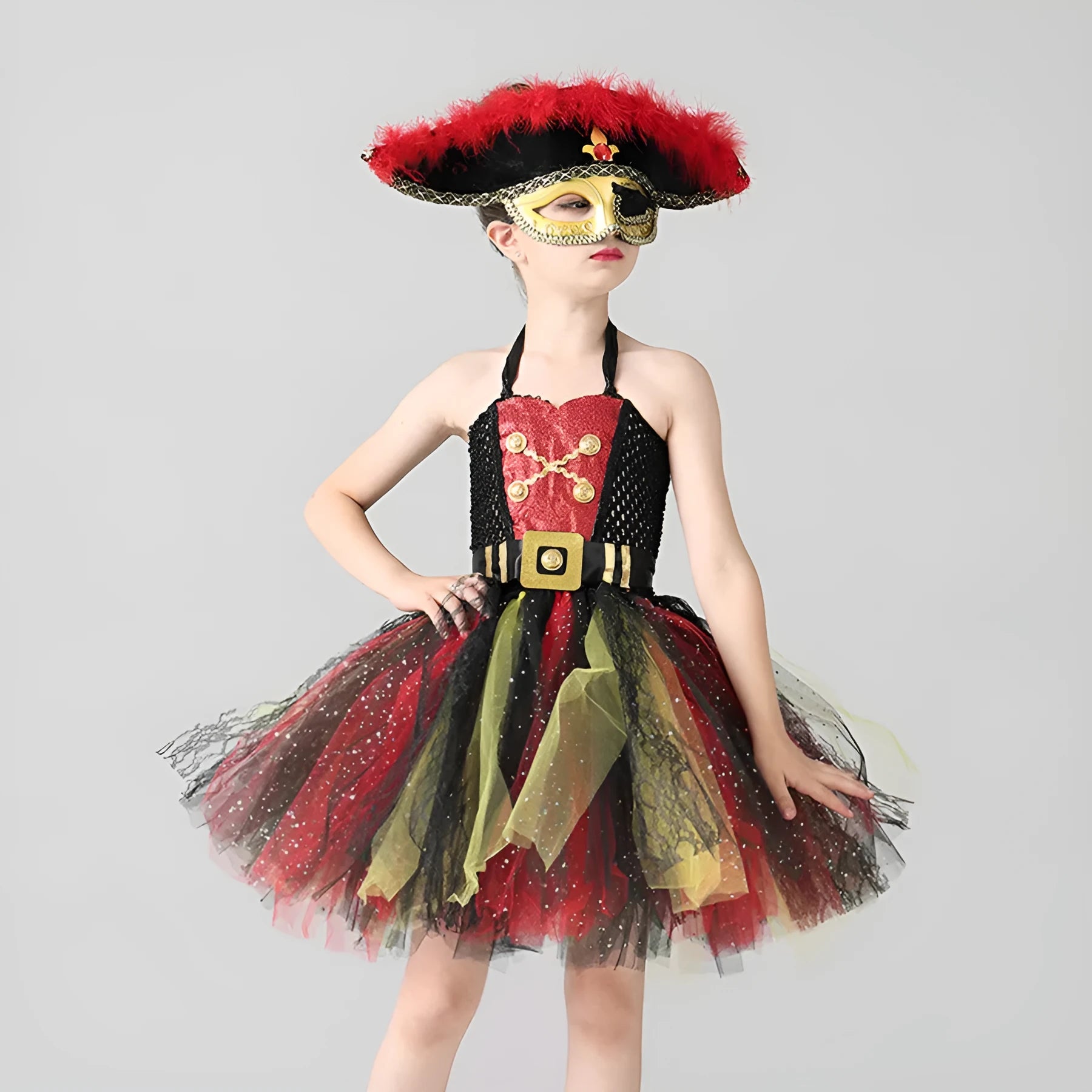 Black pirate costume dress for girls with sequin details and gauze mesh sleeves
