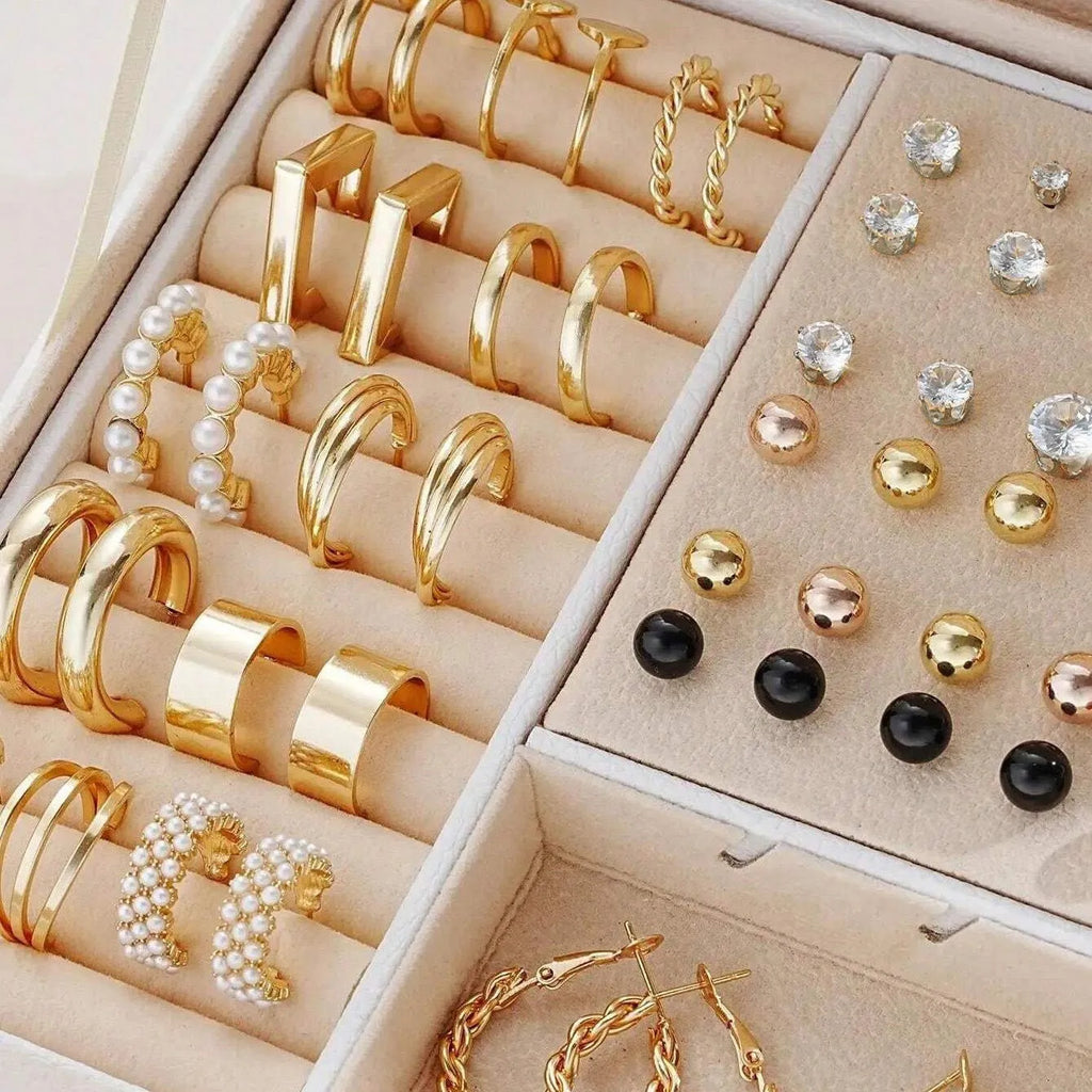 108-piece geometric pearl earrings set in gold and yellow electroplated alloy
