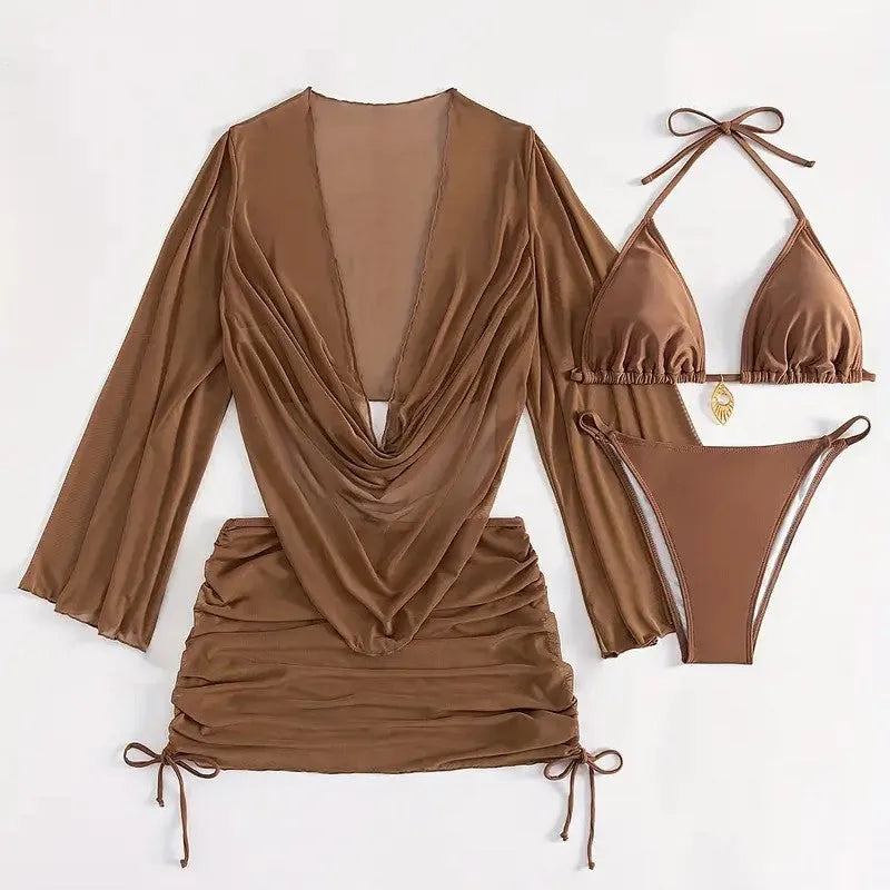 Dark brown lace-up backless women's bikini swimsuit set on a mannequin.