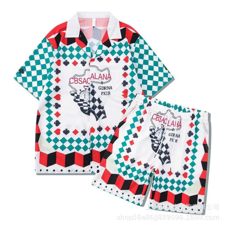 Printed plaid beach shirt and matching trousers set for casual wear.