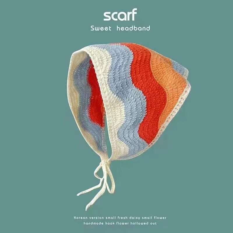 Women's cotton triangular headscarf with floral pattern, shown in beige blue little daisy design.