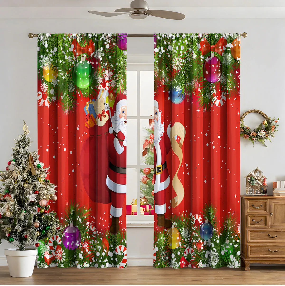 3D digitally printed Christmas curtain panel hanging on a window, showing festive pattern and polyester fabric texture.