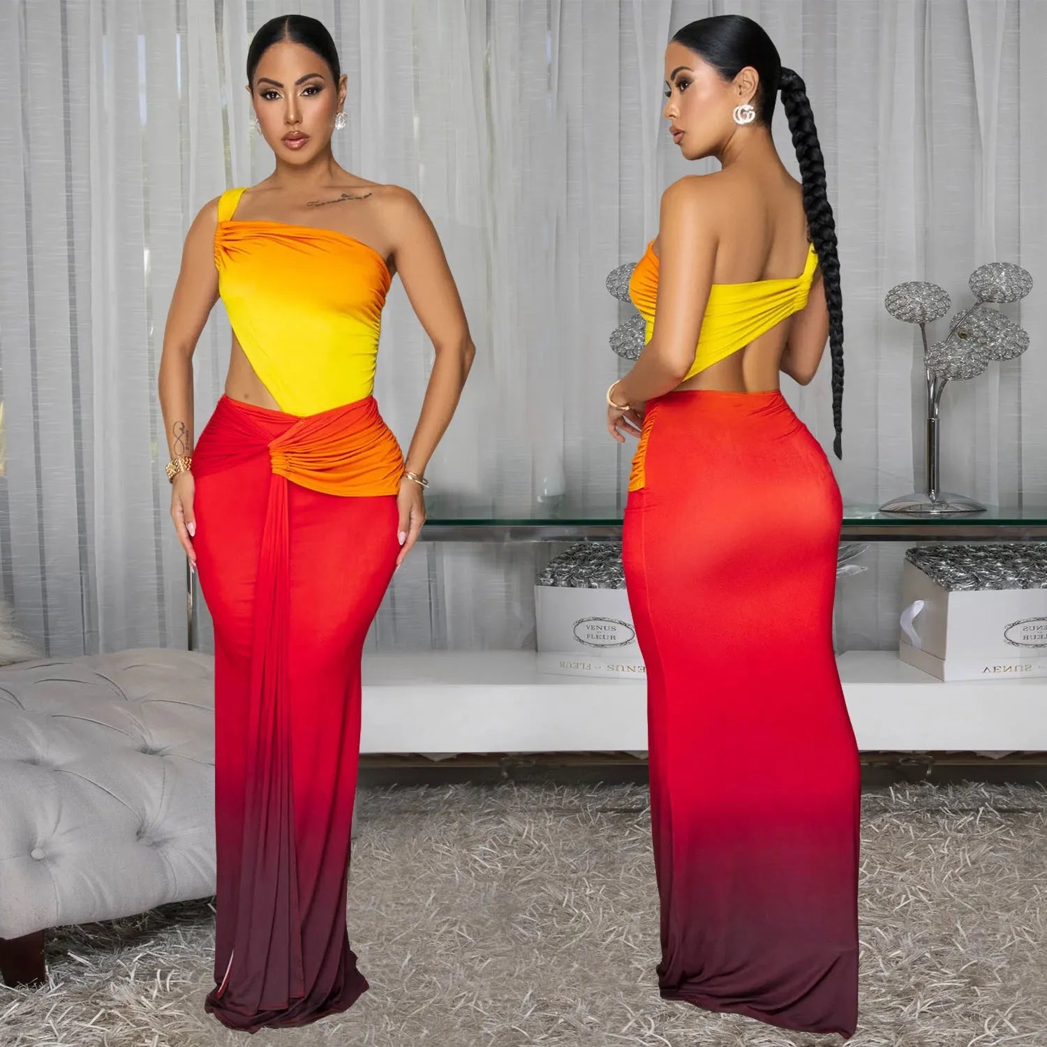 Women's gradient colour cross-shoulder sleeveless dress with a high waist and long one-step skirt.