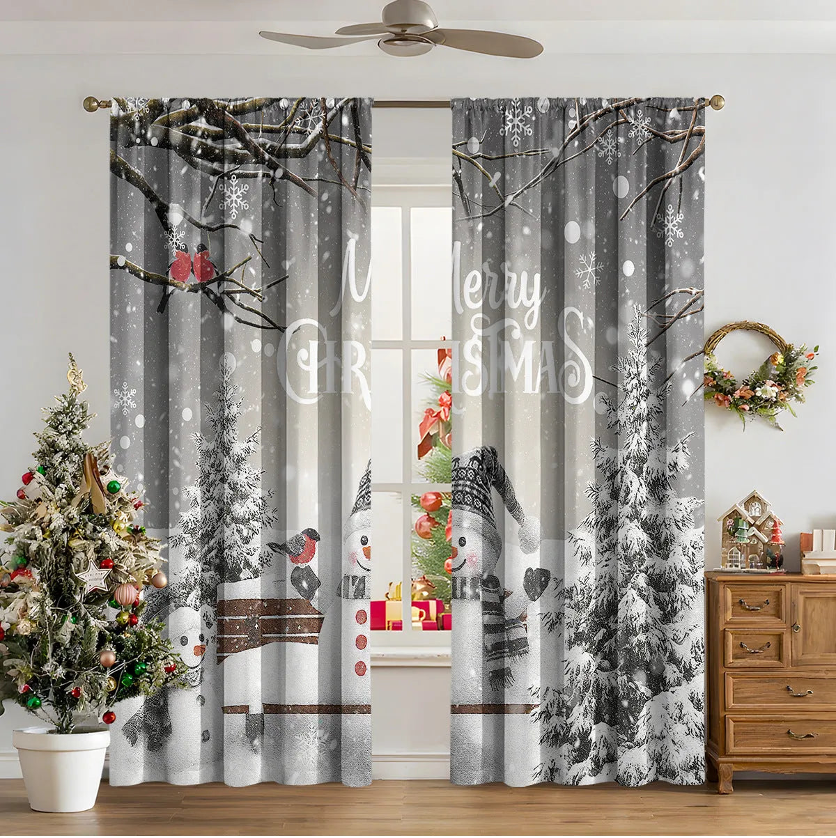 3D digitally printed Christmas curtain panel hanging on a window, showing festive pattern and polyester fabric texture.