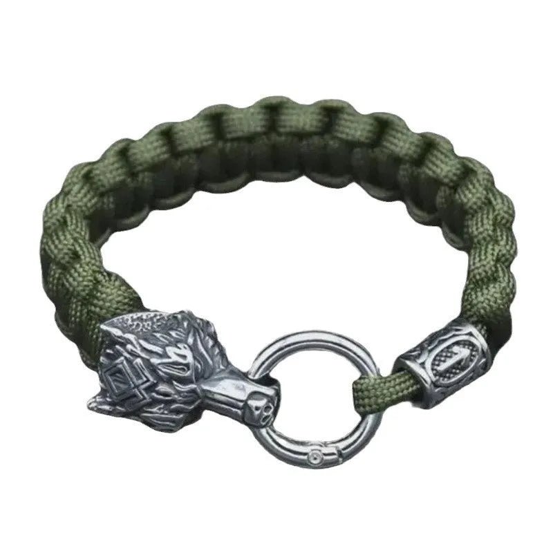 Stainless steel wolf head bracelet with Chinese character luen pendant in camouflage colour