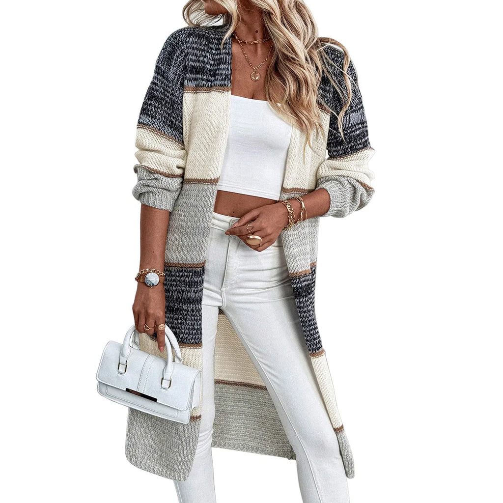 Grey striped knitted cardigan with loose fit and long sleeves
