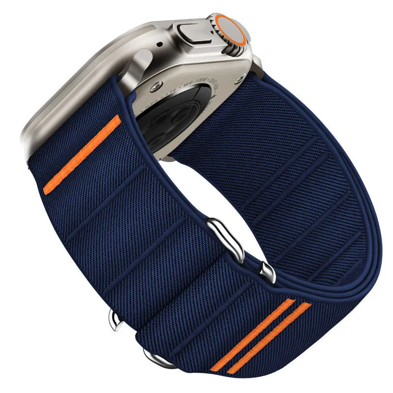 Elastic nylon Apple Watch band with stainless steel buckle shown in multiple colour options