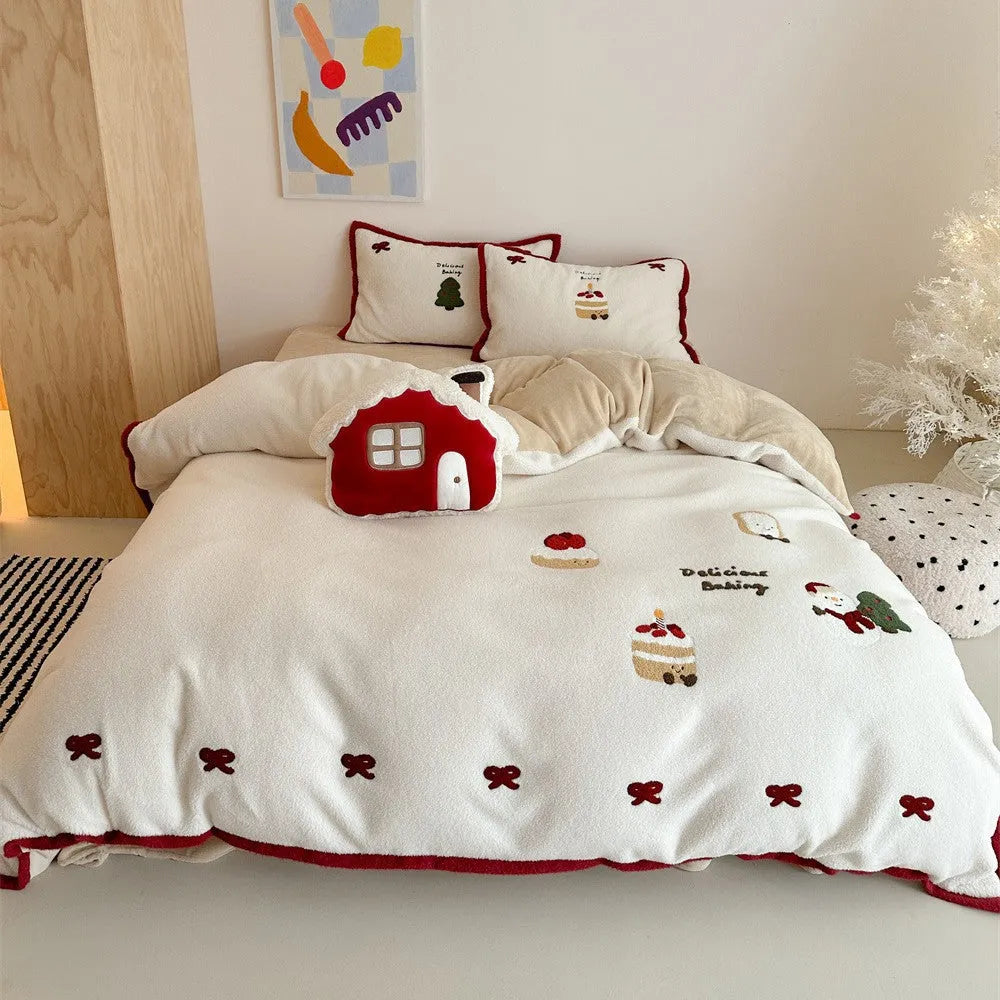 Cartoon winter Christmas bedding four-piece set with Xuefu Milk Pastry pattern, showing duvet cover, sheet, and pillowcases made from polyester.