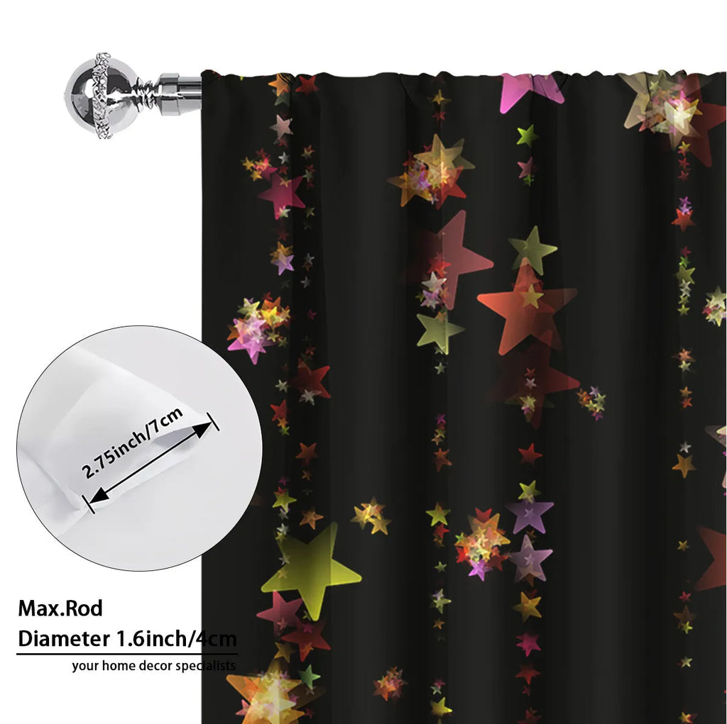 Pair of red and green 3D digitally printed Christmas themed polyester curtains hanging on a window.