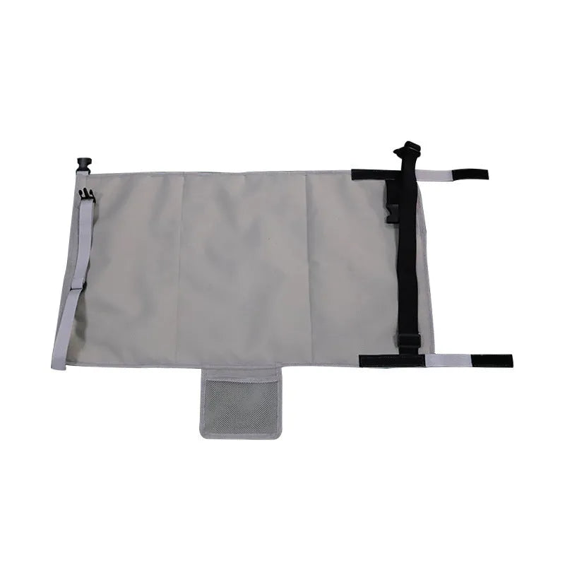 Blue portable children's aircraft seat pedal extender with drawstring storage pocket for travel
