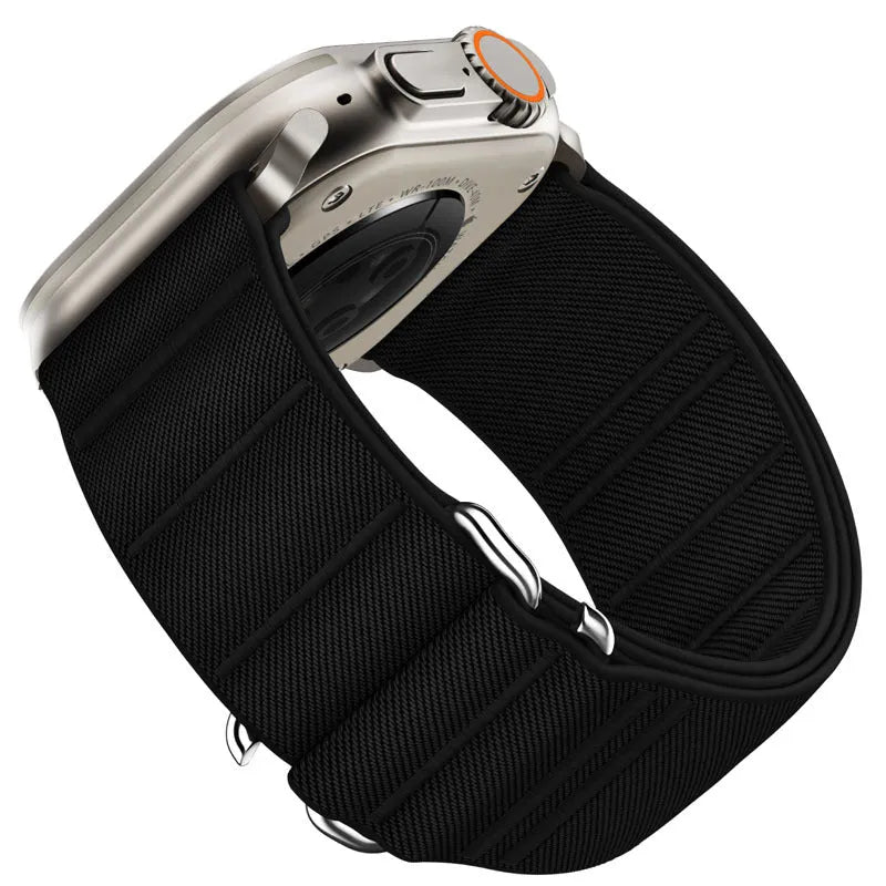 Elastic nylon Apple Watch band with stainless steel buckle shown in multiple colour options