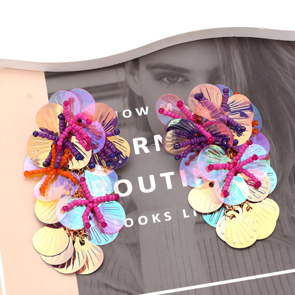 Handmade string bead flower earrings in colourful, purple, and rose colours with European American exaggerated style