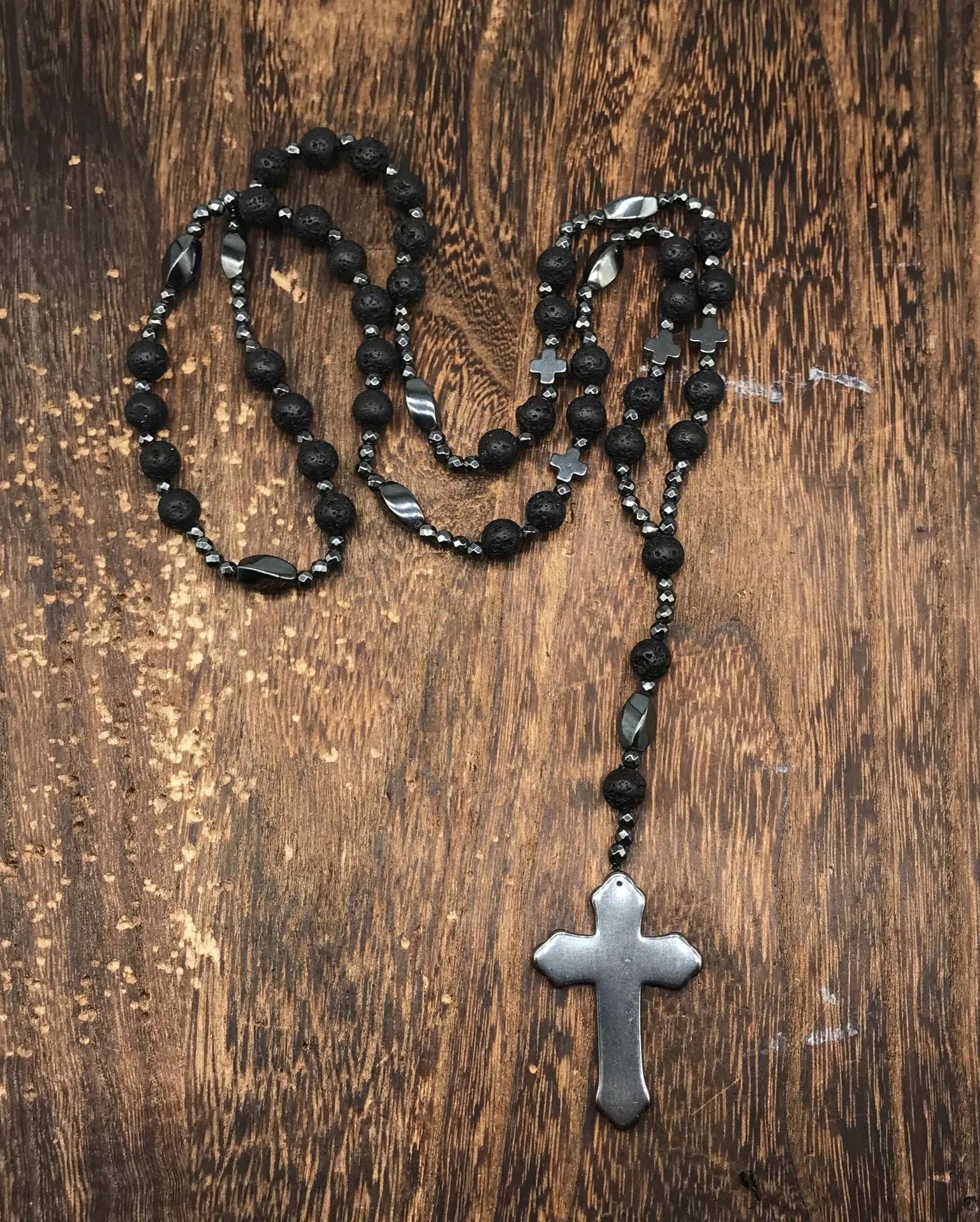 Men's stone geometric cross pendant on an 80cm ball bead chain with safety lock.