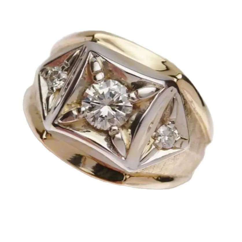 Geometric hollow gold-coloured copper couple rings with wide face design featuring chamfered square pattern