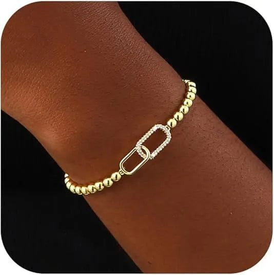 Women's adjustable stainless steel beaded bracelet with geometric round charm in six colour options