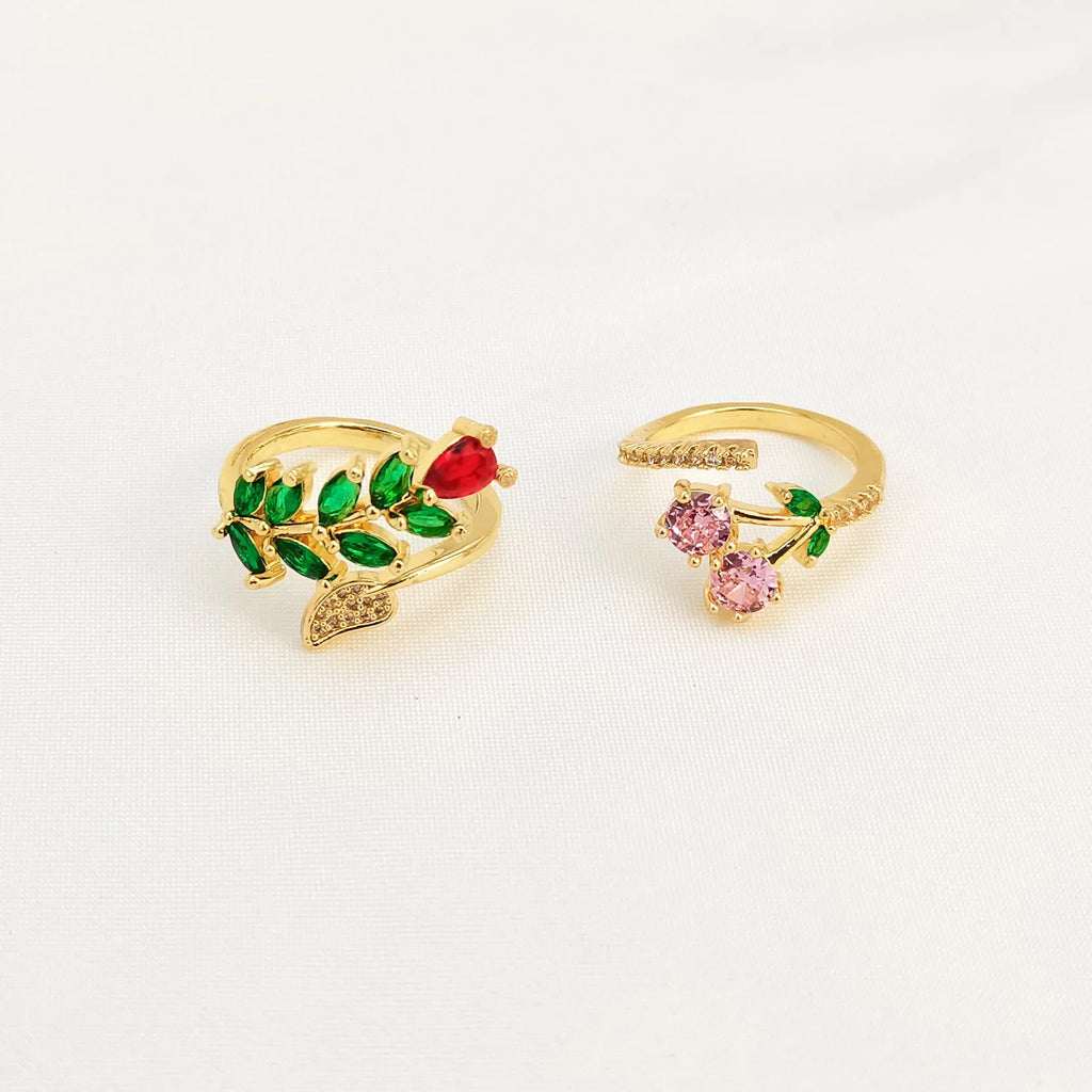 Copper gold-plated open ring with geometric leaf design and micro inlaid zircon stones in adjustable split band style