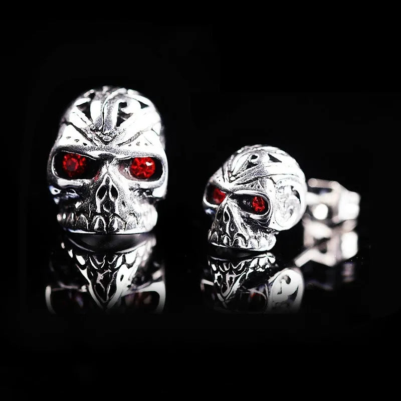 Red skull stud earrings with ghost head design and artificial gemstone eye inlay