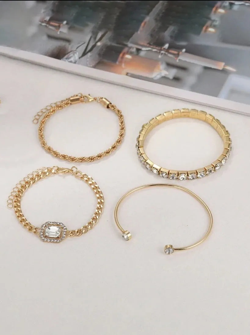 Women's geometric retro style alloy bracelet four-piece set with metal chain and square diamond elements