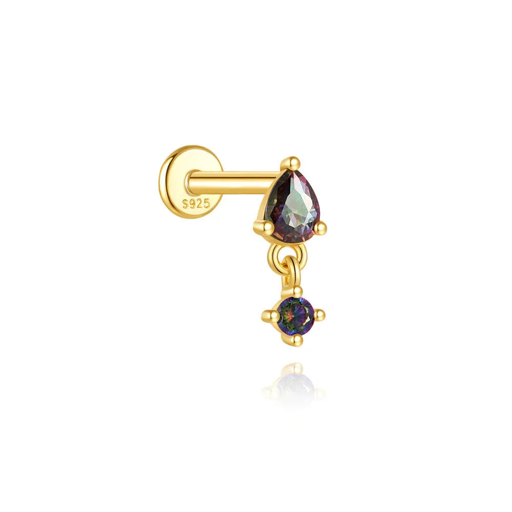 S925 sterling silver flat head thread piercing earring with rainbow stone on geometric setting.