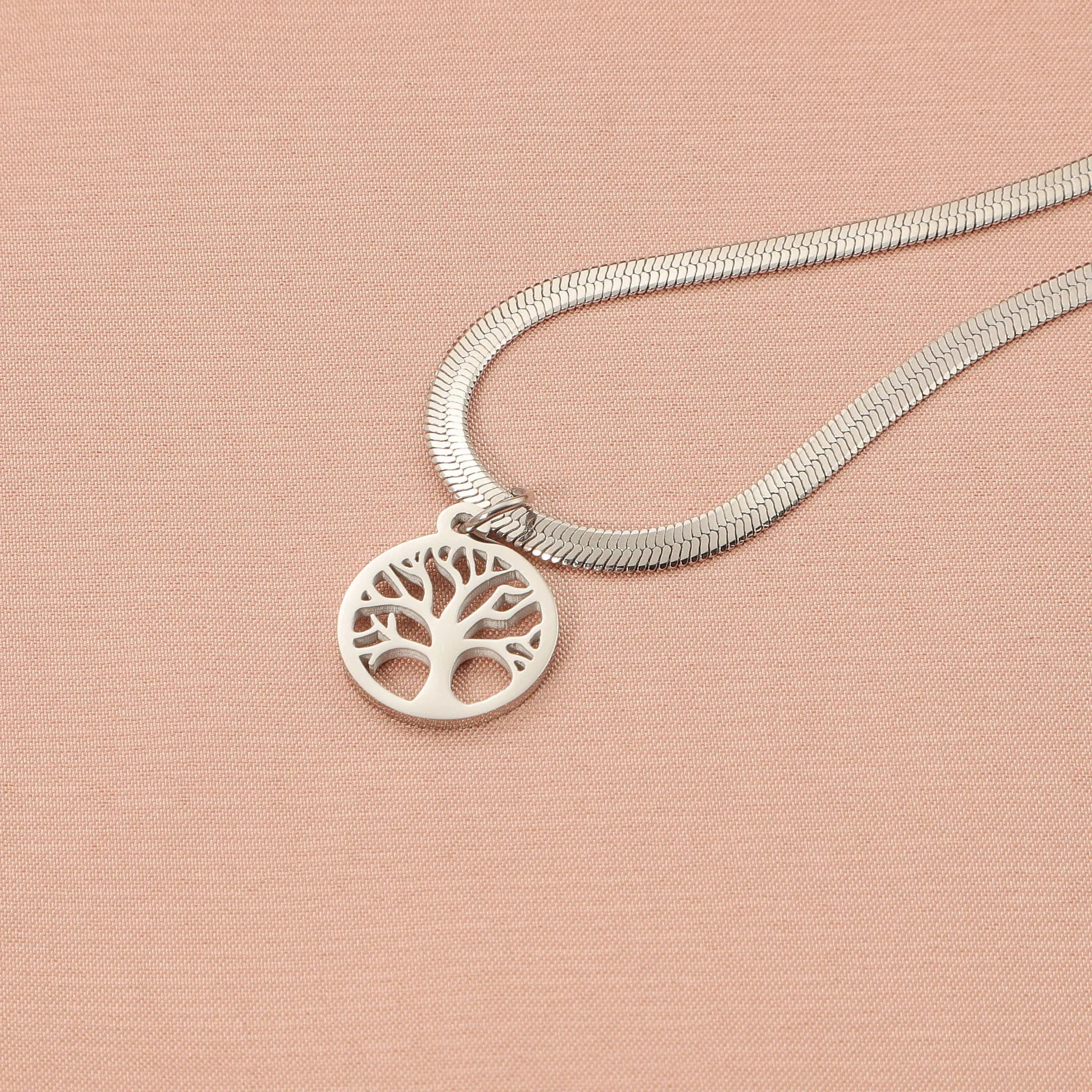 Adjustable tree pendant necklace on snake bone chain in gold or steel colour