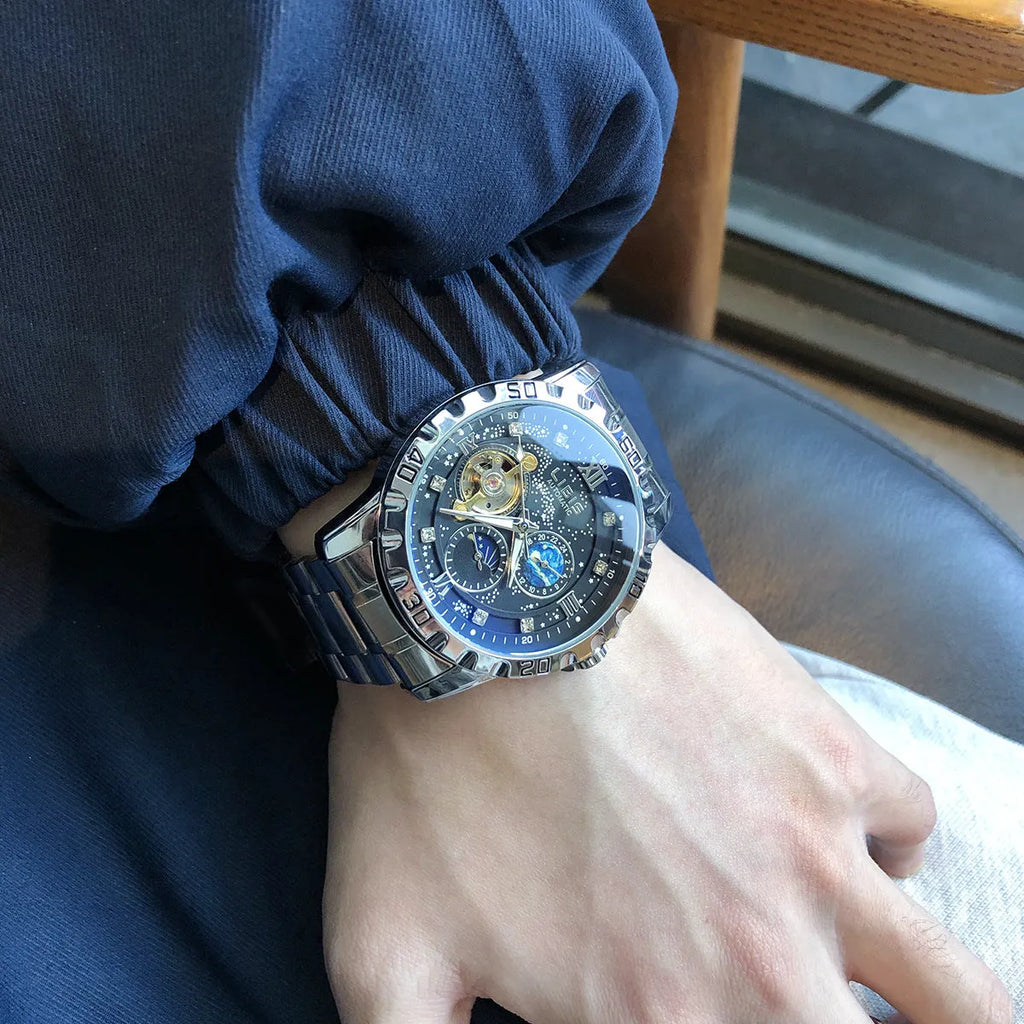 Men's silver case automatic mechanical watch with black starry dial and steel belt strap