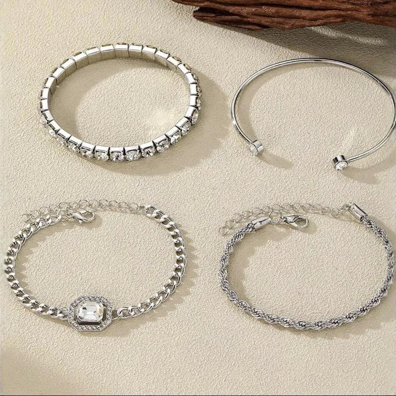 Women's geometric retro style alloy bracelet four-piece set with metal chain and square diamond elements