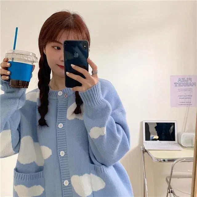 Women's blue cloud pattern spandex cardigan sweater coat with loose fit and regular sleeves