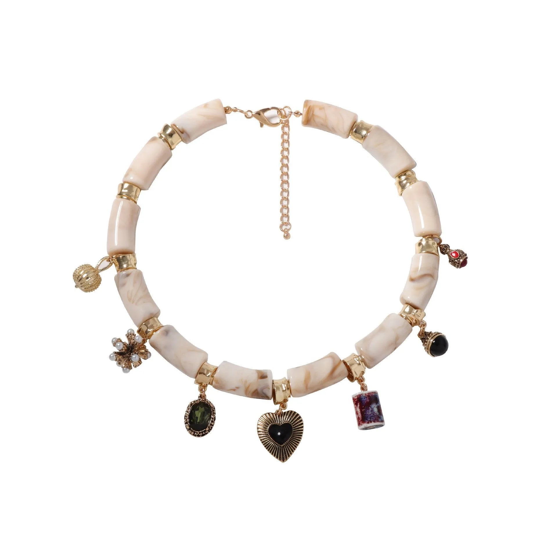 Gold-plated chain necklace with a white heart-shaped resin bamboo pendant.