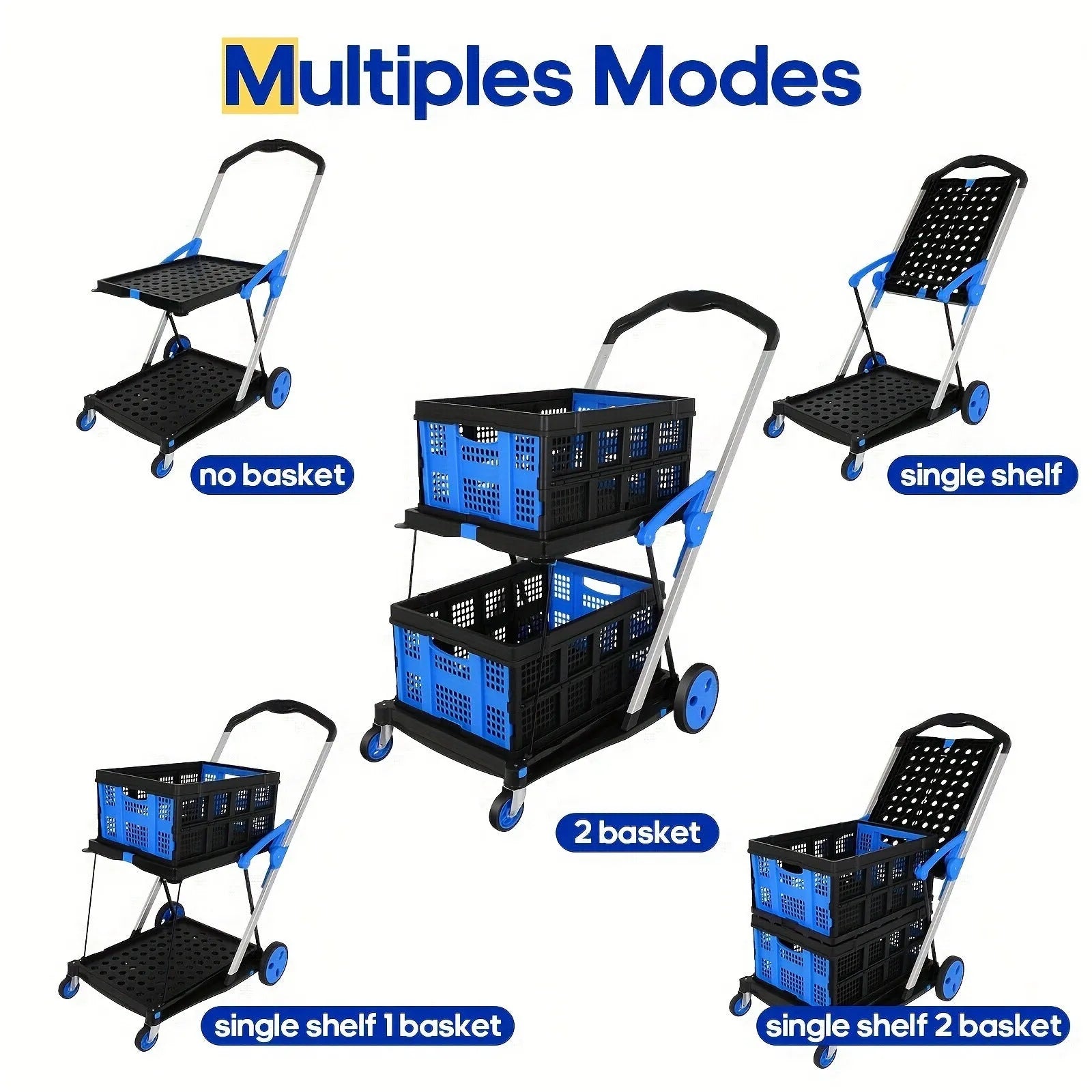 Blue foldable shopping cart with two plastic baskets, shown in its unfolded state.